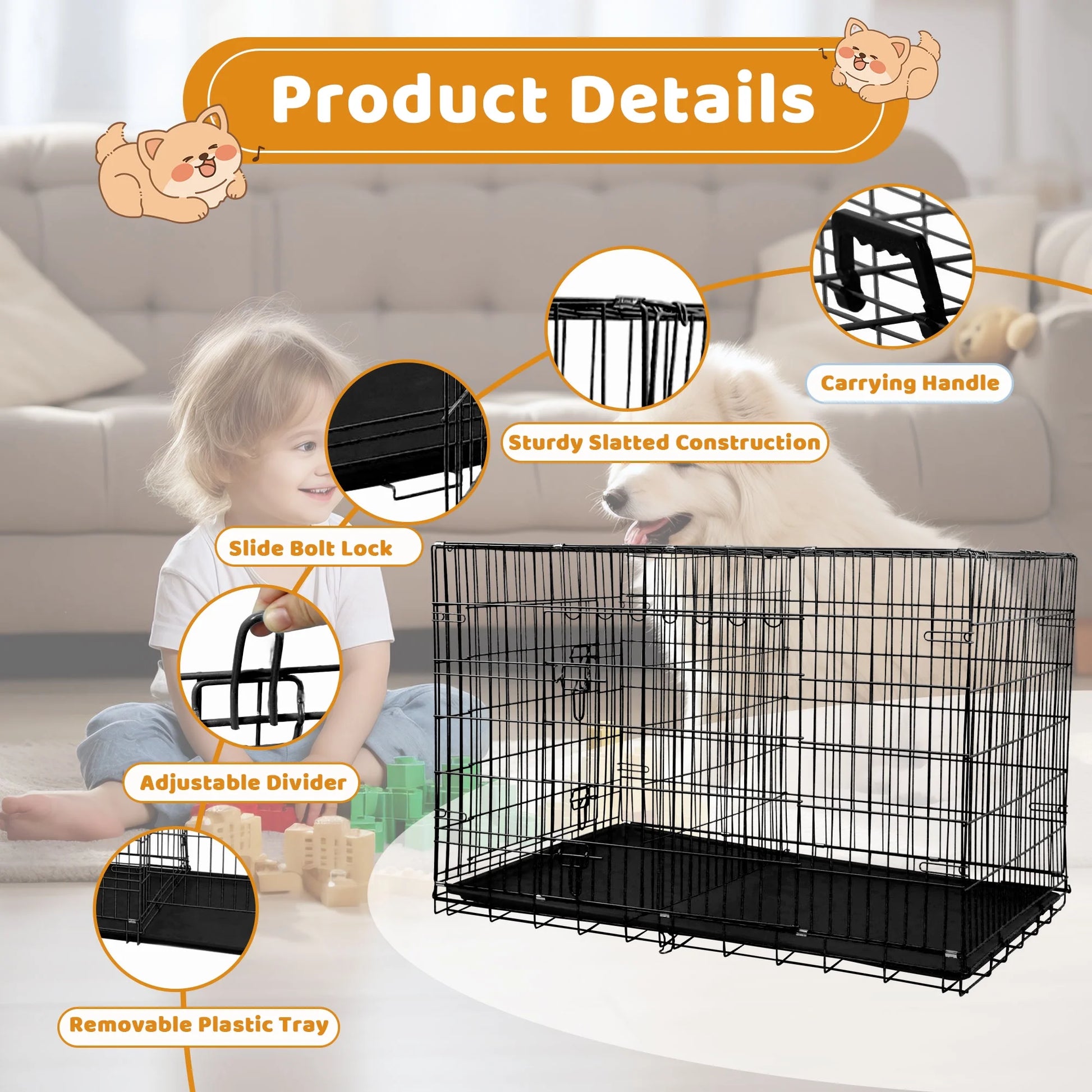 24 Inch Dog Crate, Dog Kennel Dog Crate Folding Metal Dog Crate with Double-Door,Divider Panel, Removable Tray and Handle Pet Dog Cages for Small Dogs Indoor Outdoor, Black