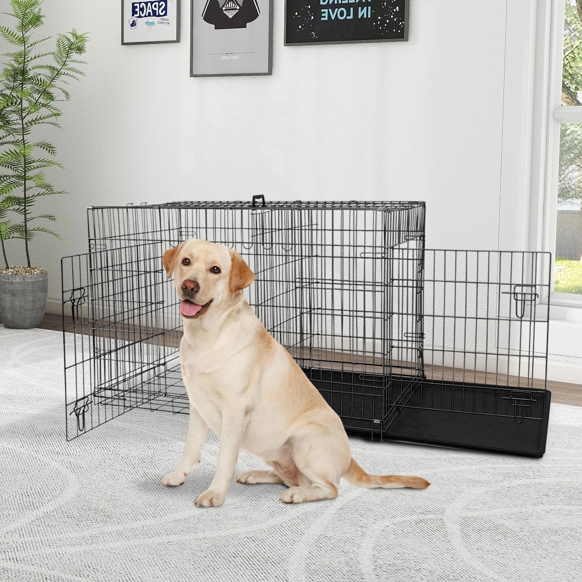 24 Inch Dog Crate, Dog Kennel Dog Crate Folding Metal Dog Crate with Double-Door,Divider Panel, Removable Tray and Handle Pet Dog Cages for Small Dogs Indoor Outdoor, Black